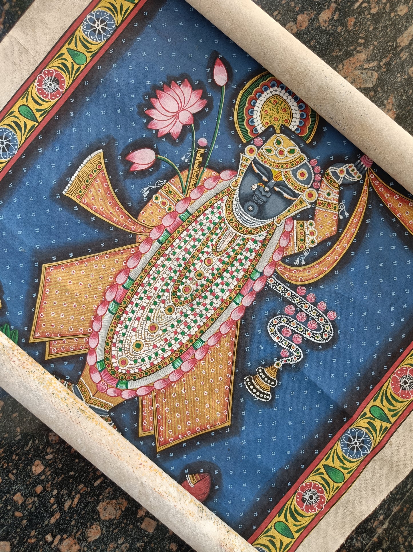 Shrinathji Shringar Pichwai With Midnight Blue Background - Artisanal India