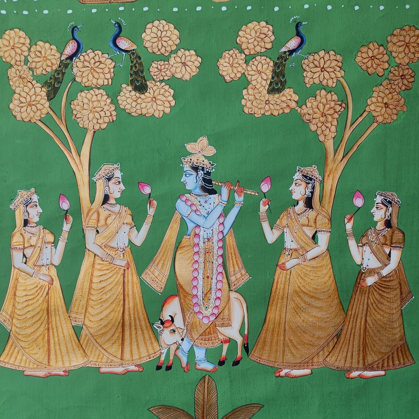 Krishna with Gopis under the Moon – Hand-Painted Pichwai