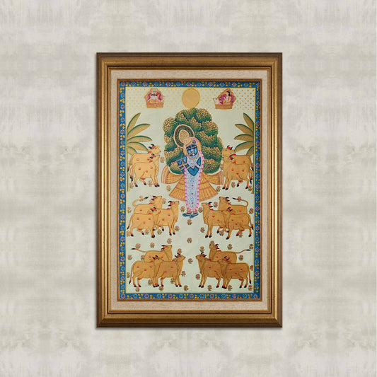 Krishna with Cows – Hand-Painted Pichwai on Cloth