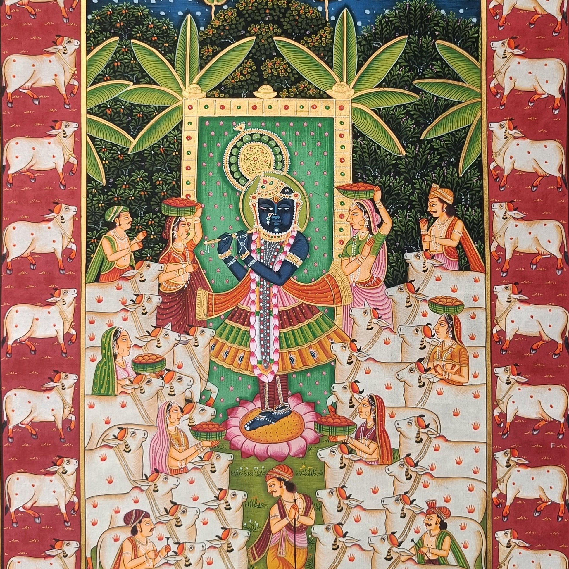 Gopashtami Pichwai With Cows Border - Artisanal India