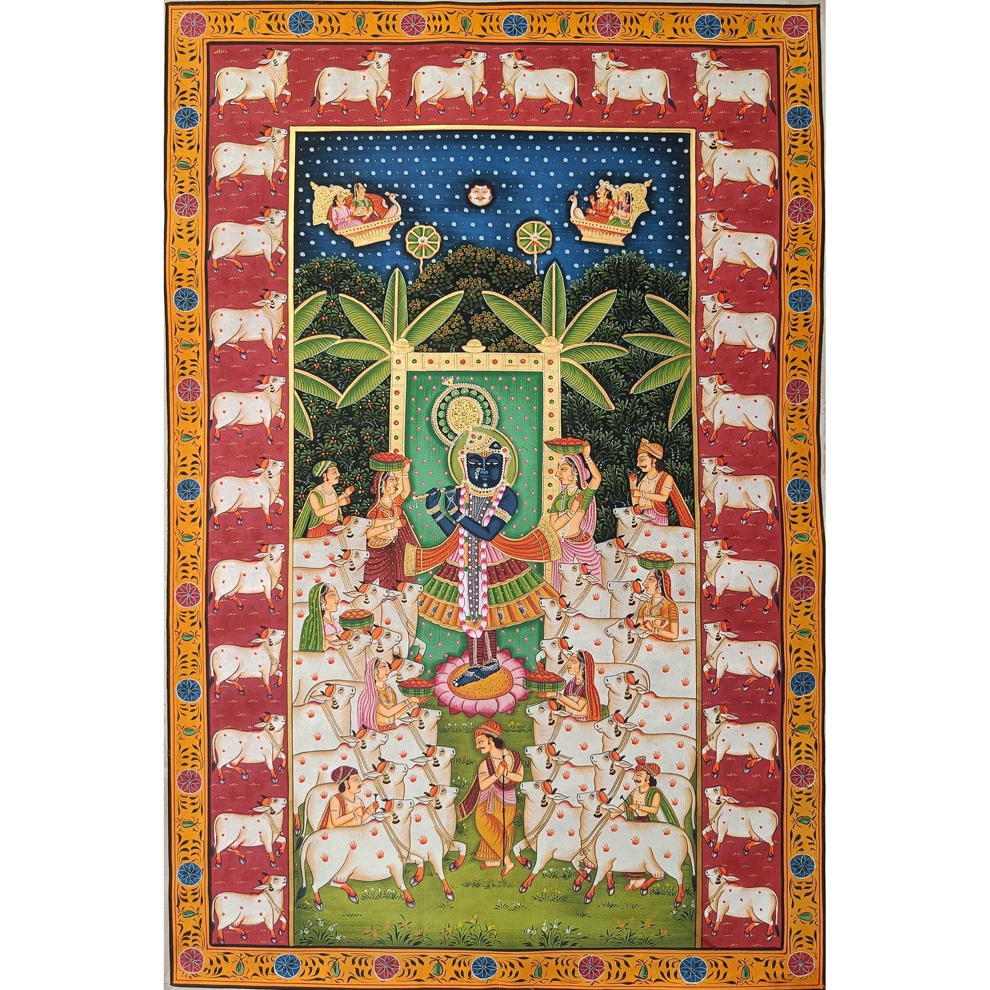 Gopashtami Pichwai With Cows Border - Artisanal India