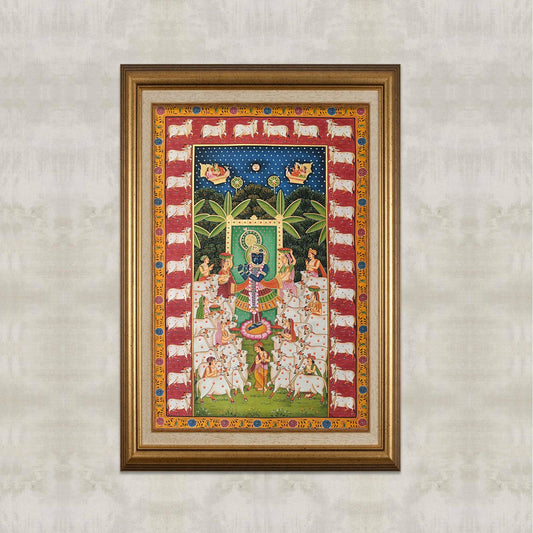Gopashtami Pichwai With Cows Border - Artisanal India