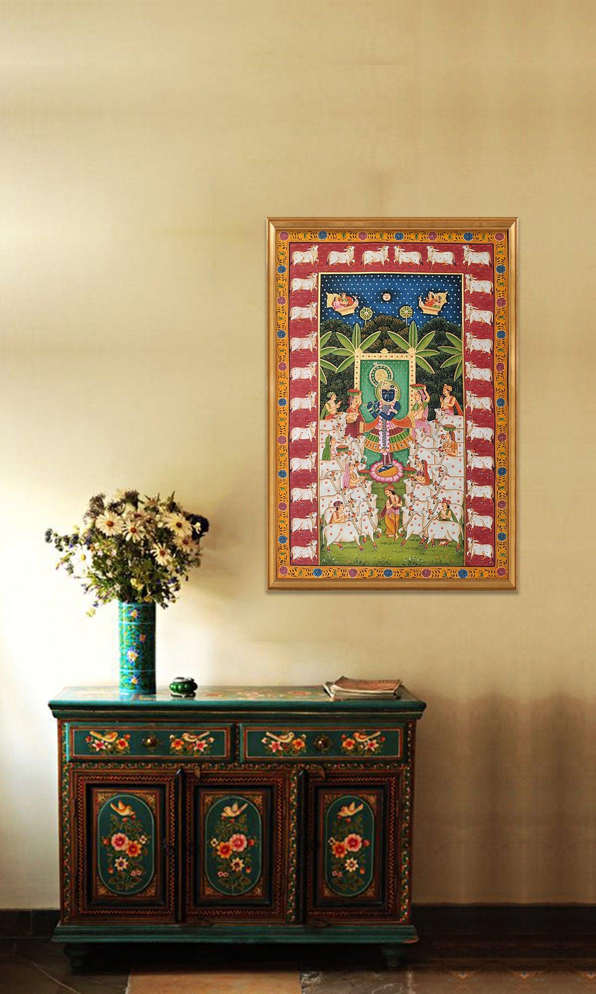 Gopashtami Pichwai With Cows Border - Artisanal India