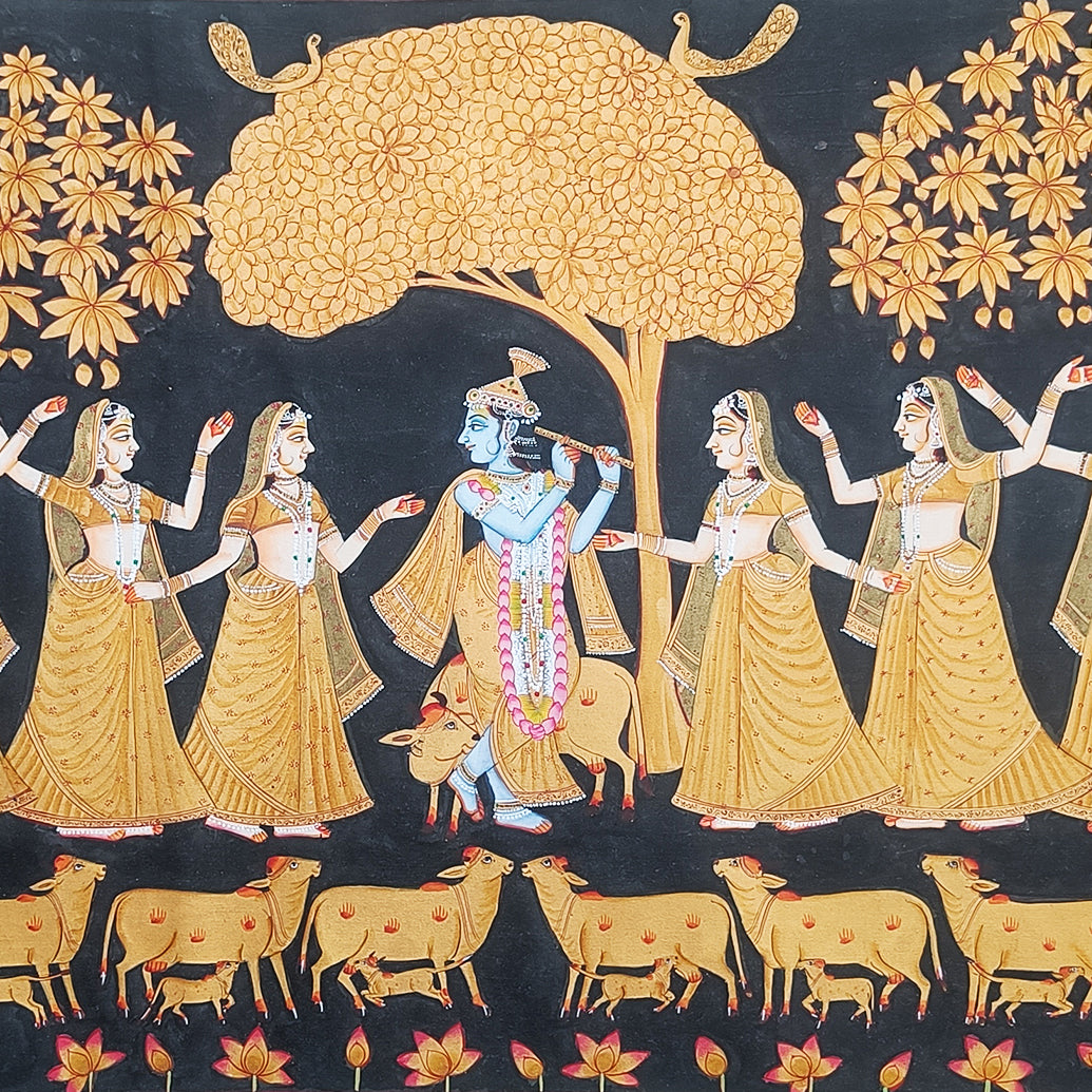 Krishna Raas Leela Pichwai Painting | Black and Gold | 3x4 ft