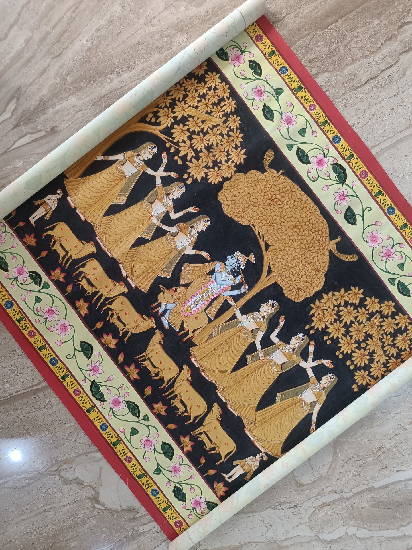 Krishna Raas Leela Pichwai Painting | Black and Gold | 3x4 ft