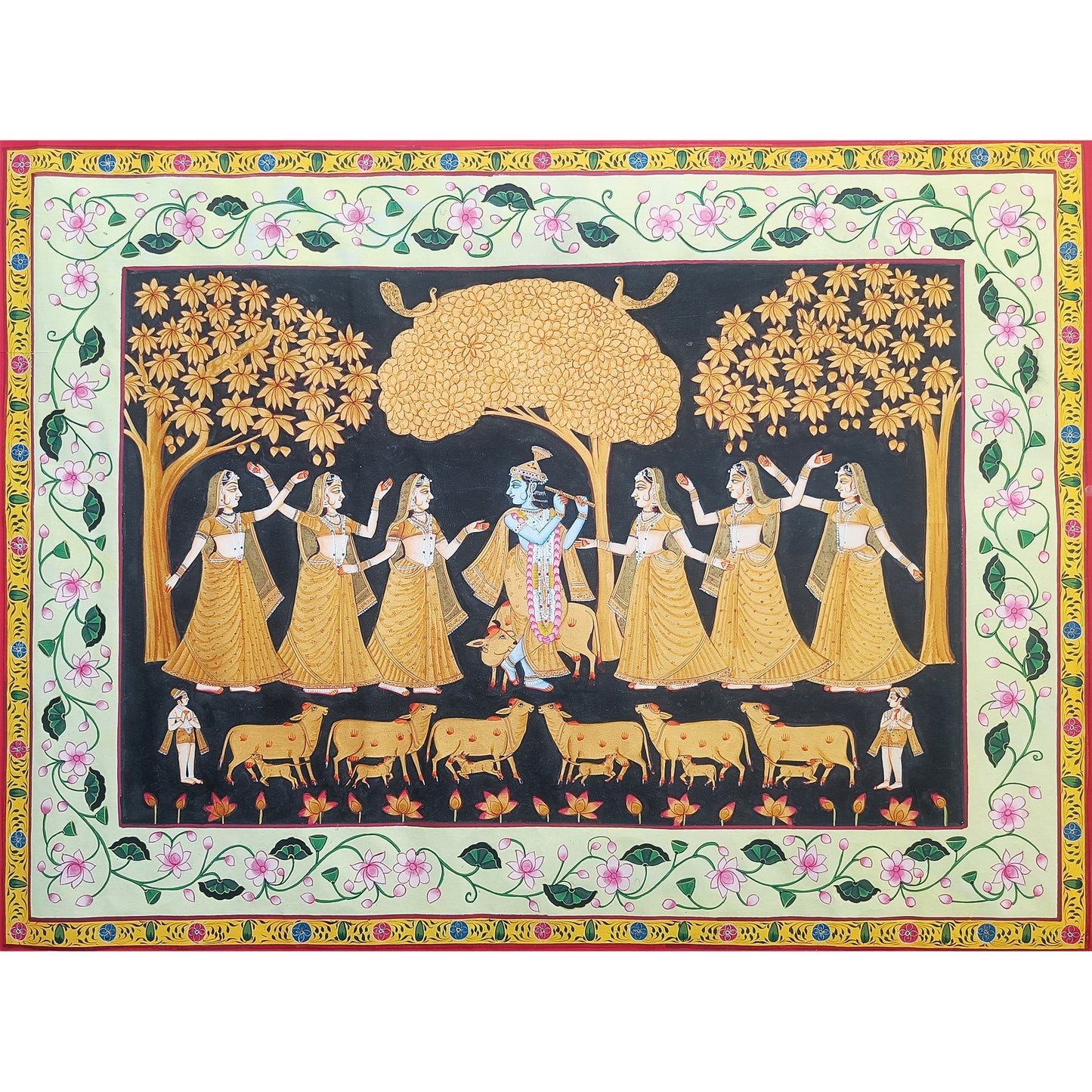 Krishna Raas Leela Pichwai Painting | Black and Gold | 3x4 ft