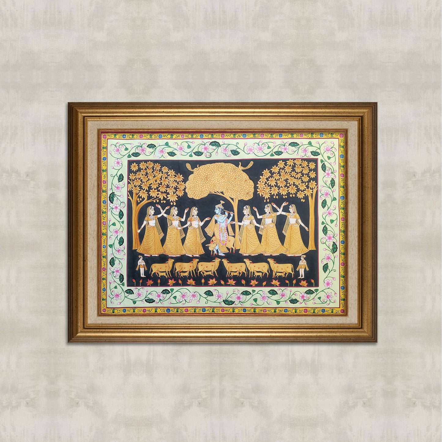 Krishna Raas Leela Pichwai Painting | Black and Gold | 3x4 ft