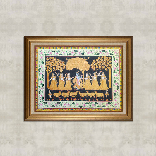 Krishna Raas Leela Pichwai Painting | Black and Gold | 3x4 ft