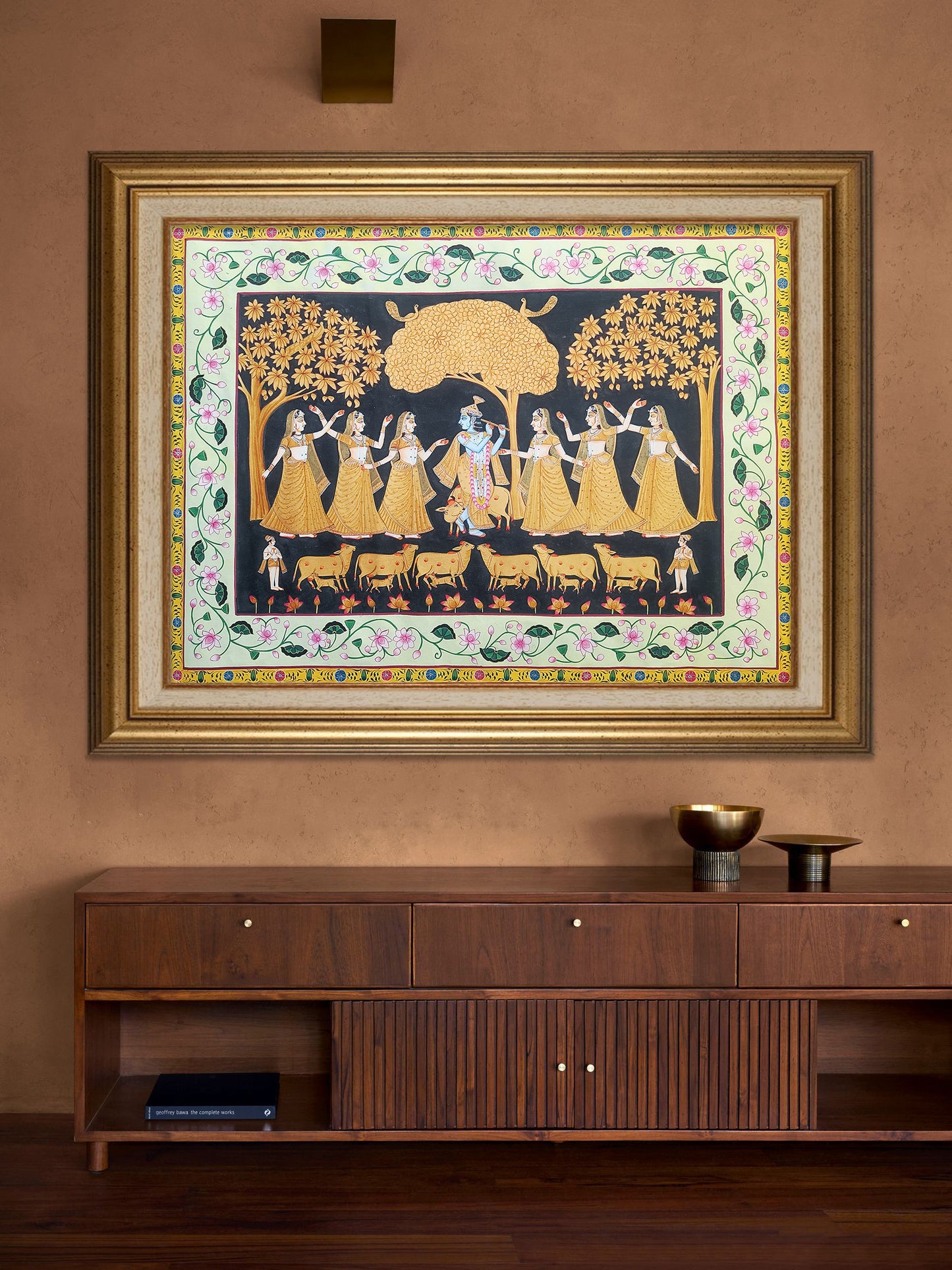 Krishna Raas Leela Pichwai Painting | Black and Gold | 3x4 ft