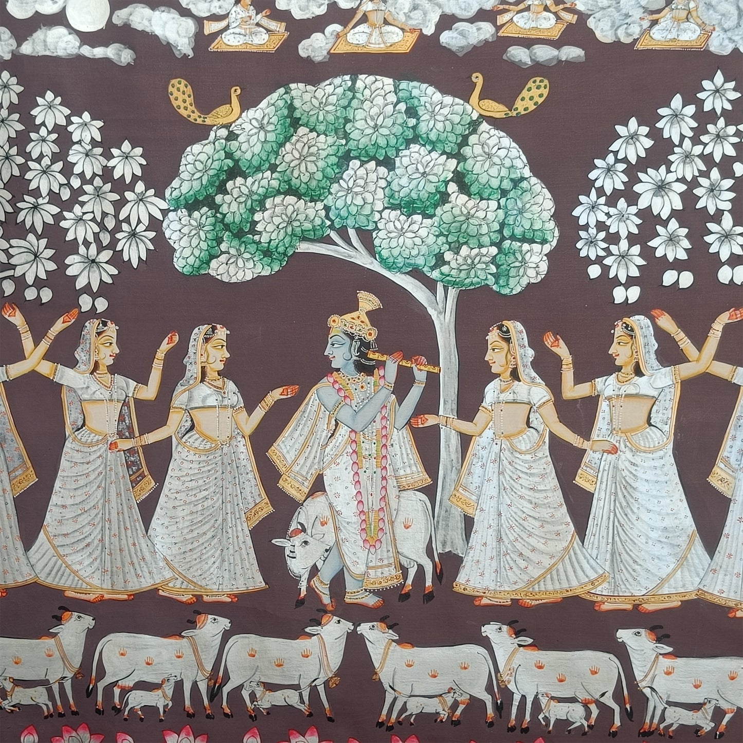 Krishna Raas with Gopis & Silver Cows – Pichwai Painting