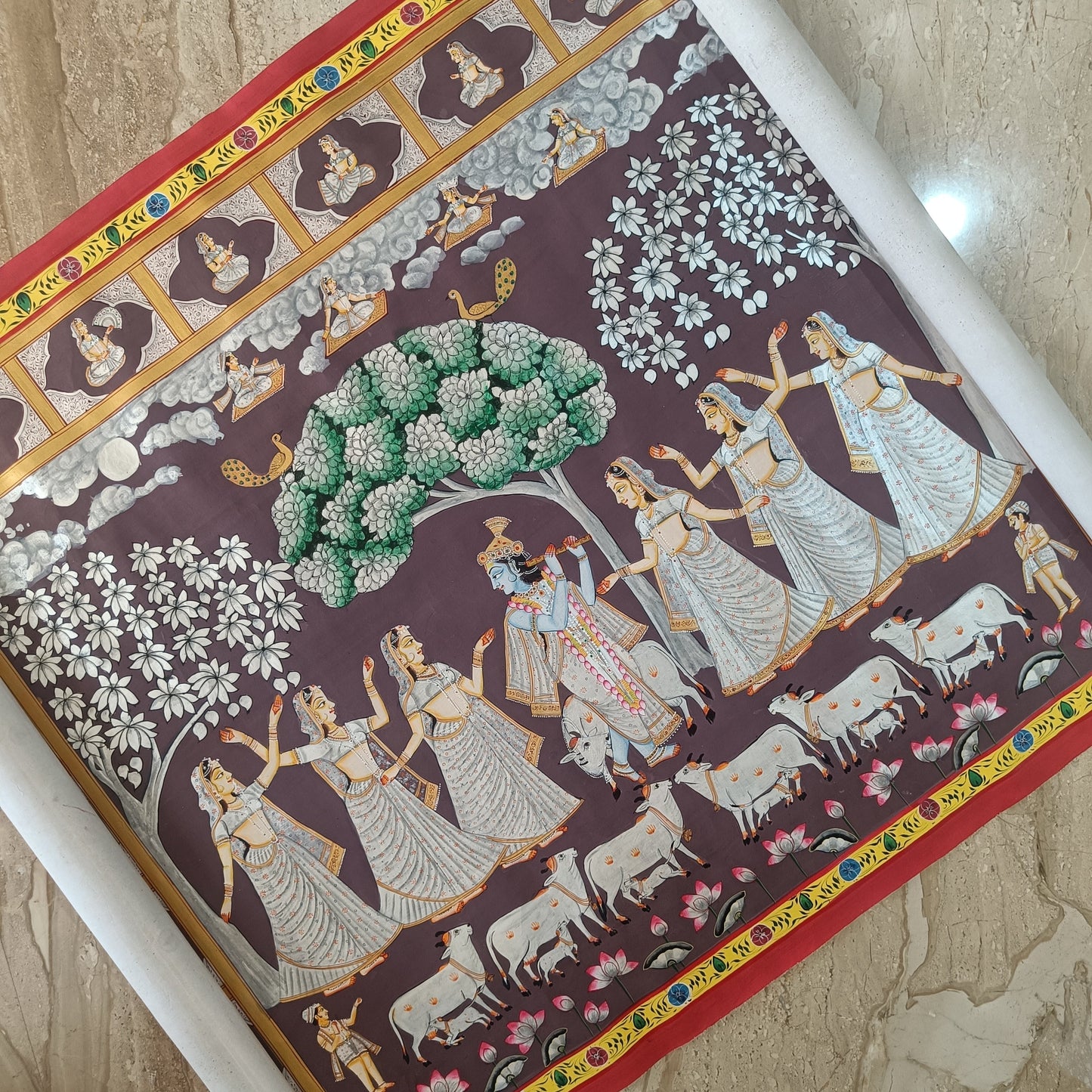 Krishna Raas with Gopis & Silver Cows – Pichwai Painting