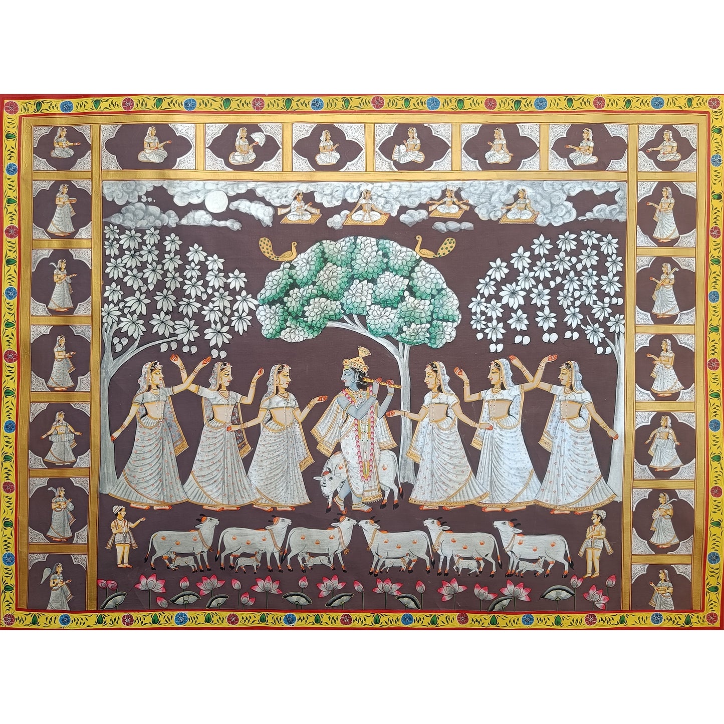 Krishna Raas with Gopis & Silver Cows – Pichwai Painting
