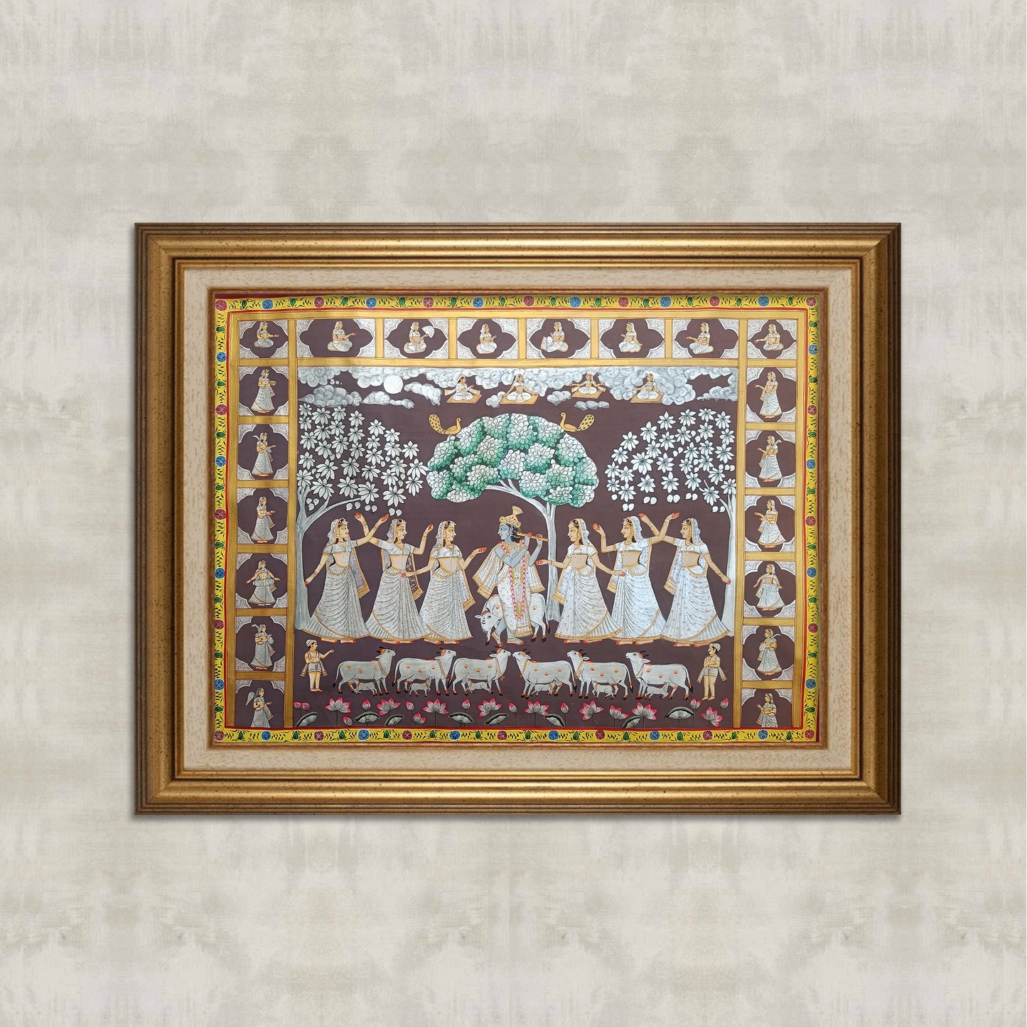 Krishna Raas with Gopis & Silver Cows – Pichwai Painting