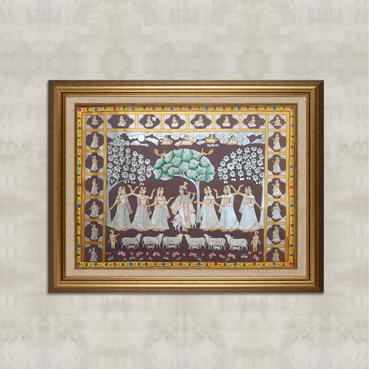 Krishna Raas with Gopis & Silver Cows – Pichwai Painting