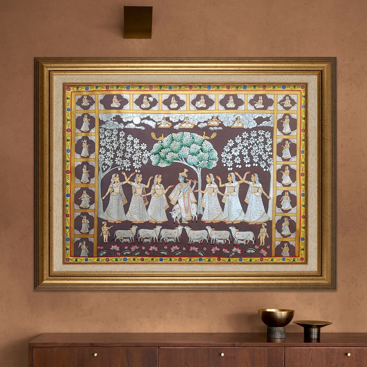 Krishna Raas with Gopis & Silver Cows – Pichwai Painting