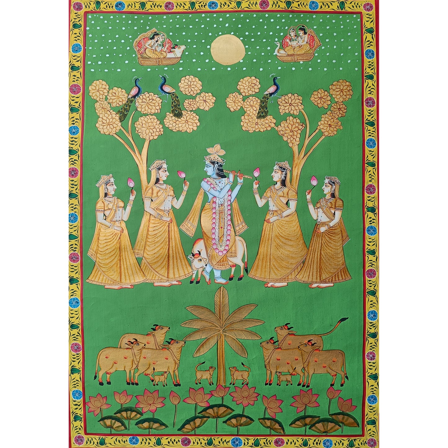 Krishna with Gopis under the Moon – Hand-Painted Pichwai
