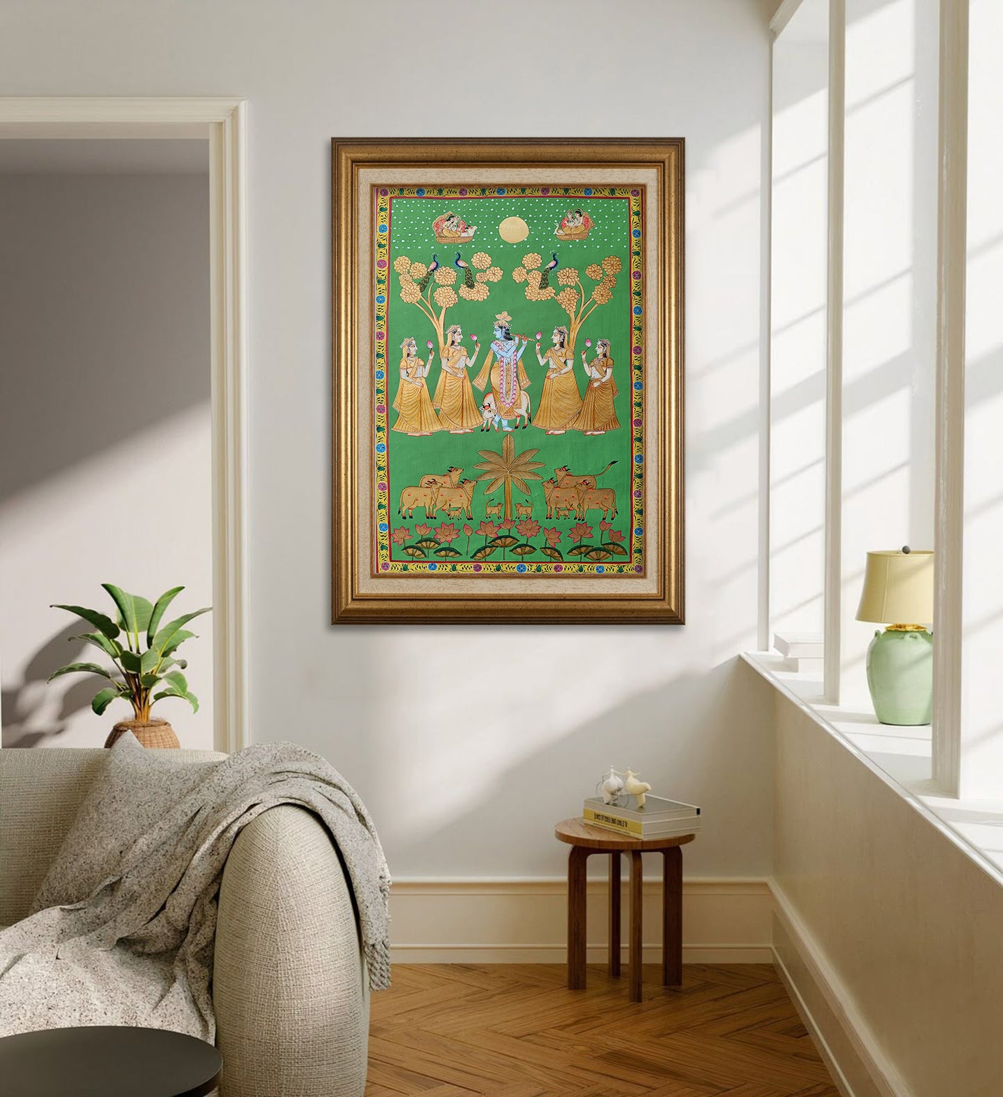 Krishna with Gopis under the Moon – Hand-Painted Pichwai