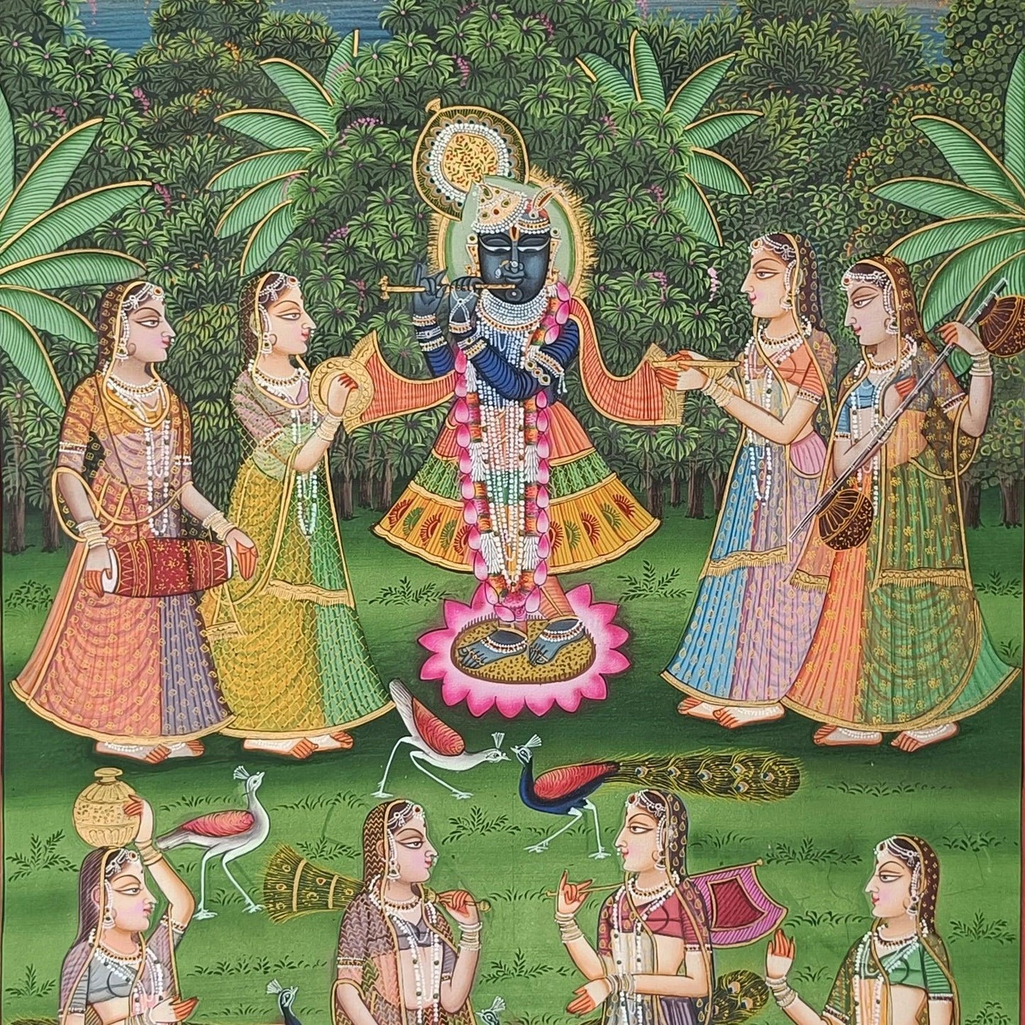 Krishna And Gopis On Yamuna Ghat Pichwai - Artisanal India