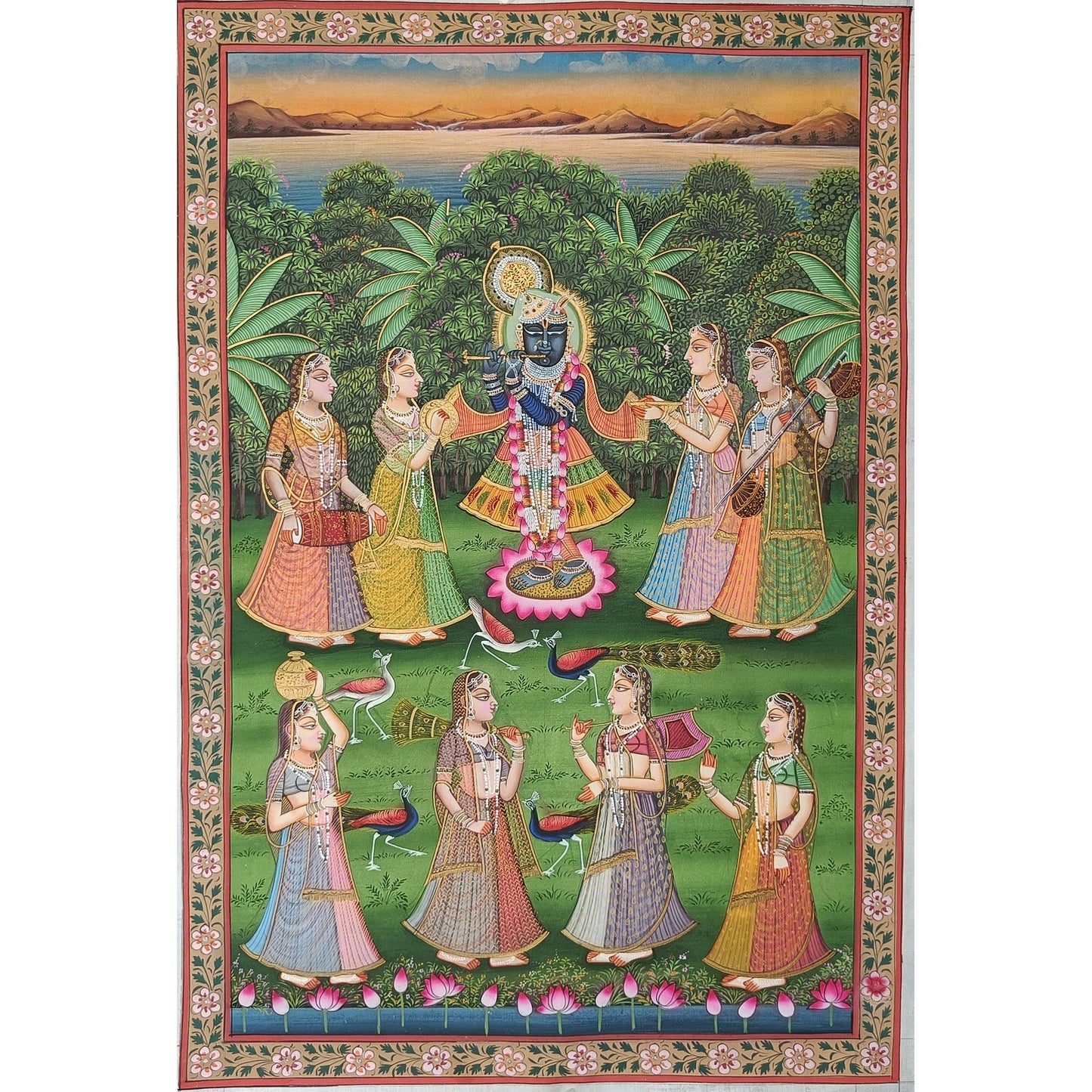 Krishna And Gopis On Yamuna Ghat Pichwai - Artisanal India