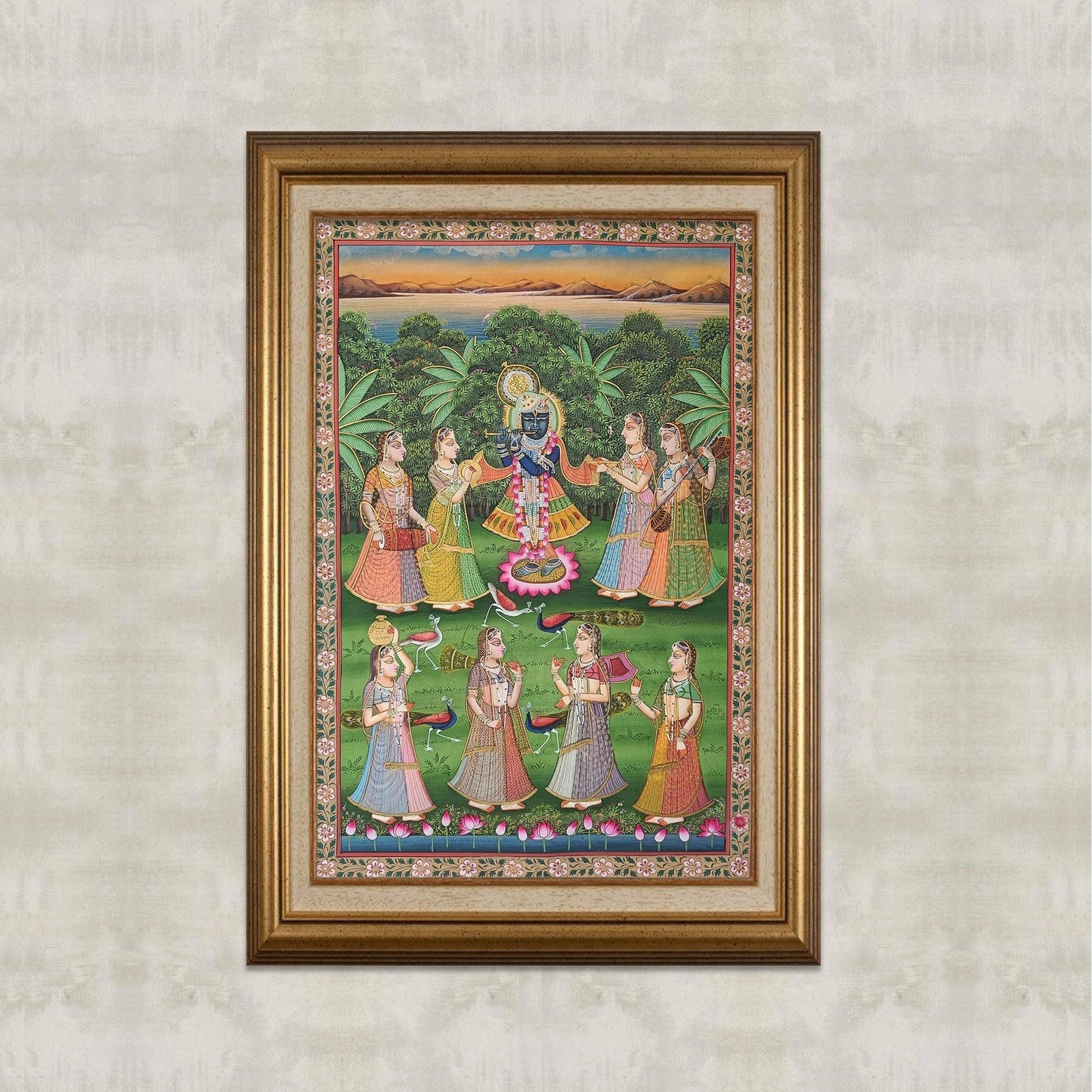 Krishna And Gopis On Yamuna Ghat Pichwai - Artisanal India