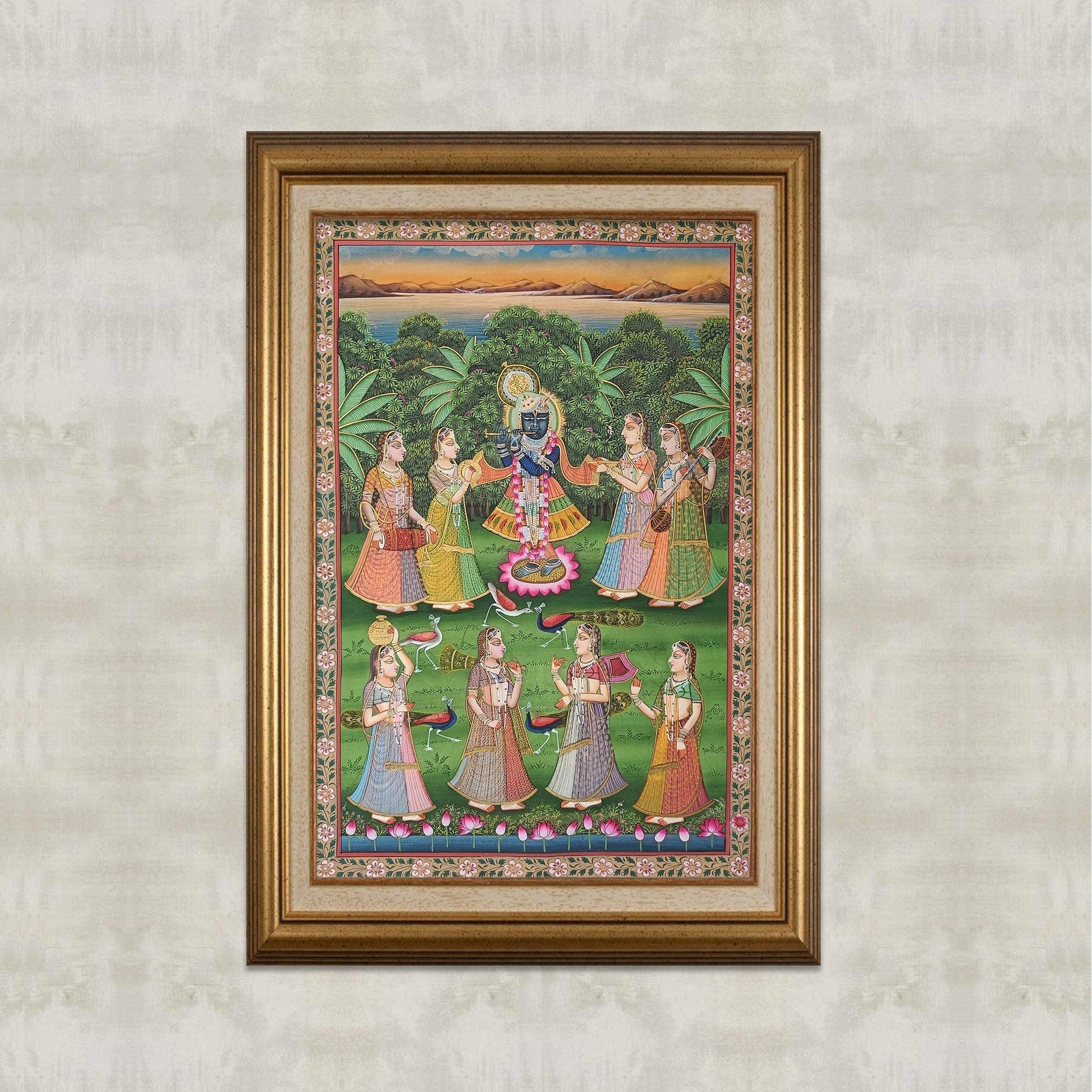 Krishna And Gopis On Yamuna Ghat Pichwai - Artisanal India