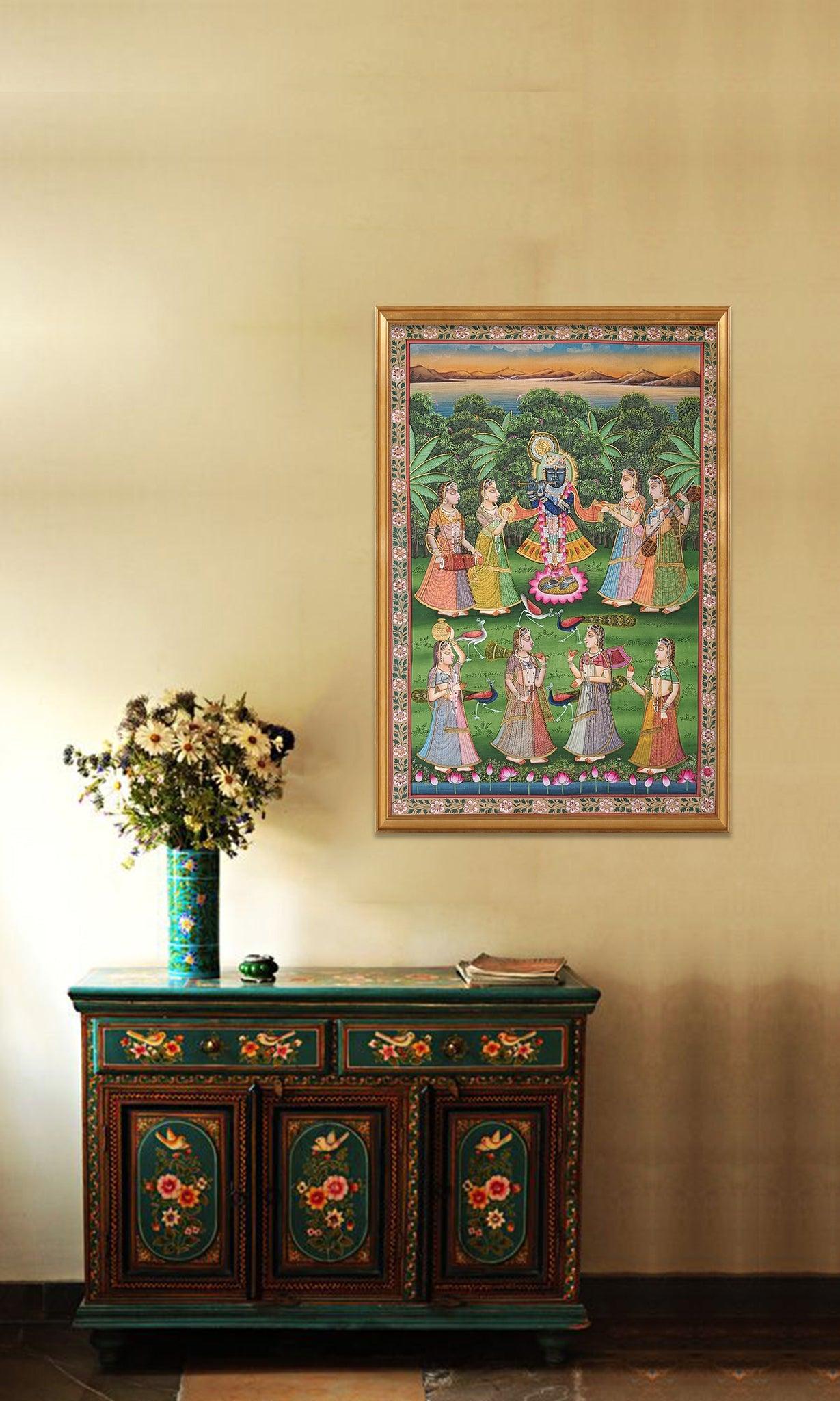Krishna And Gopis On Yamuna Ghat Pichwai - Artisanal India