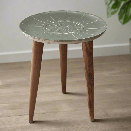 Faux Silver And Wood Lotus Side Table - Artisanal India