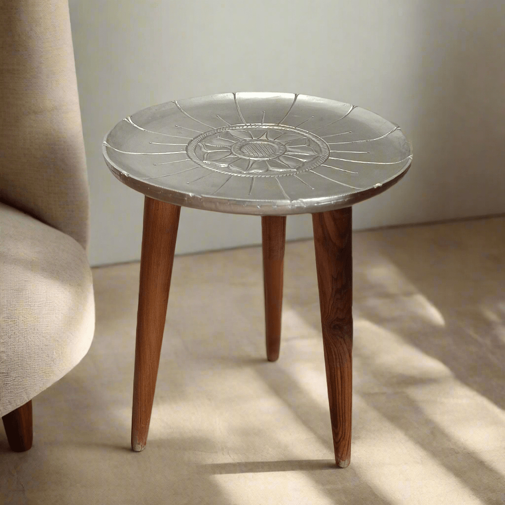 Faux Silver And Wood Lotus Side Table - Artisanal India