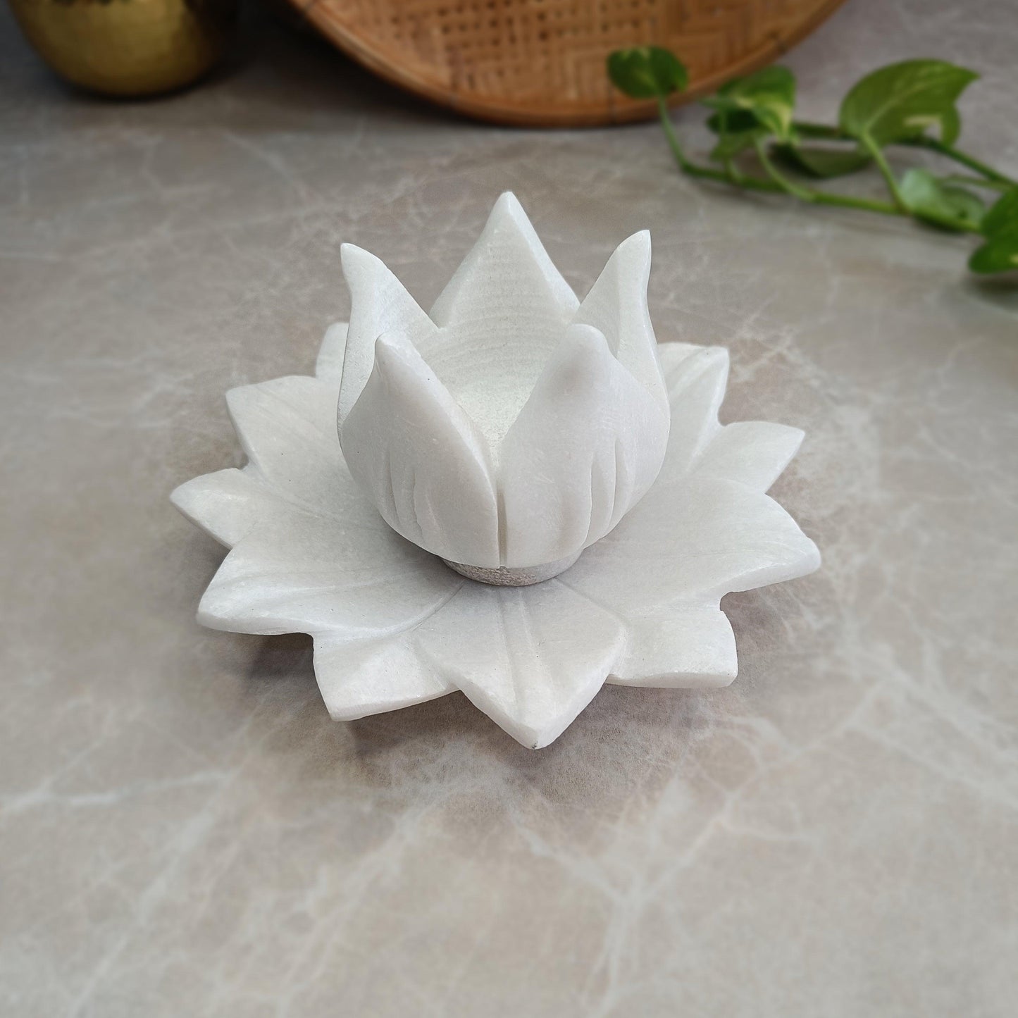 Marble Candle Holder With Floral Plate - Artisanal India