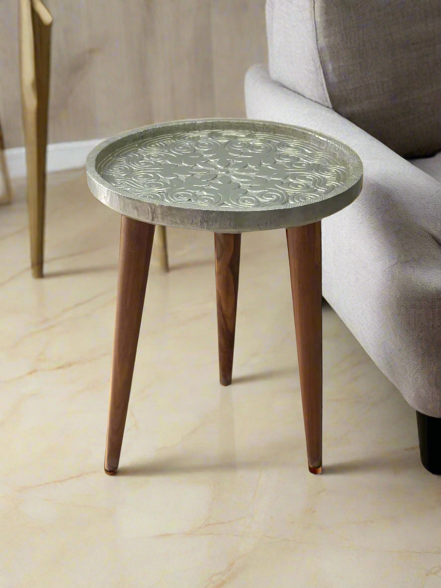 Faux Silver And Wood Rosette Side Table - Artisanal India