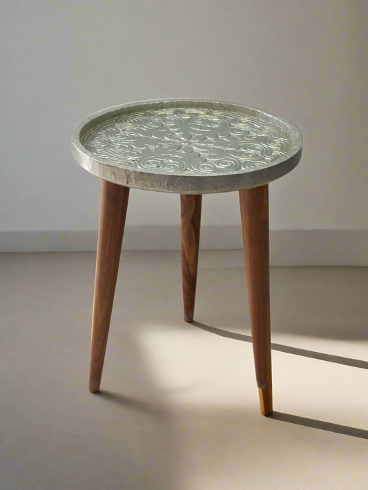 Faux Silver And Wood Rosette Side Table - Artisanal India