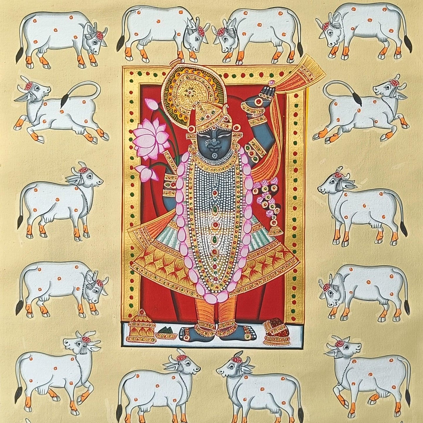 Shrinathji And Cows Pichwai In Pastel Yellow - Artisanal India