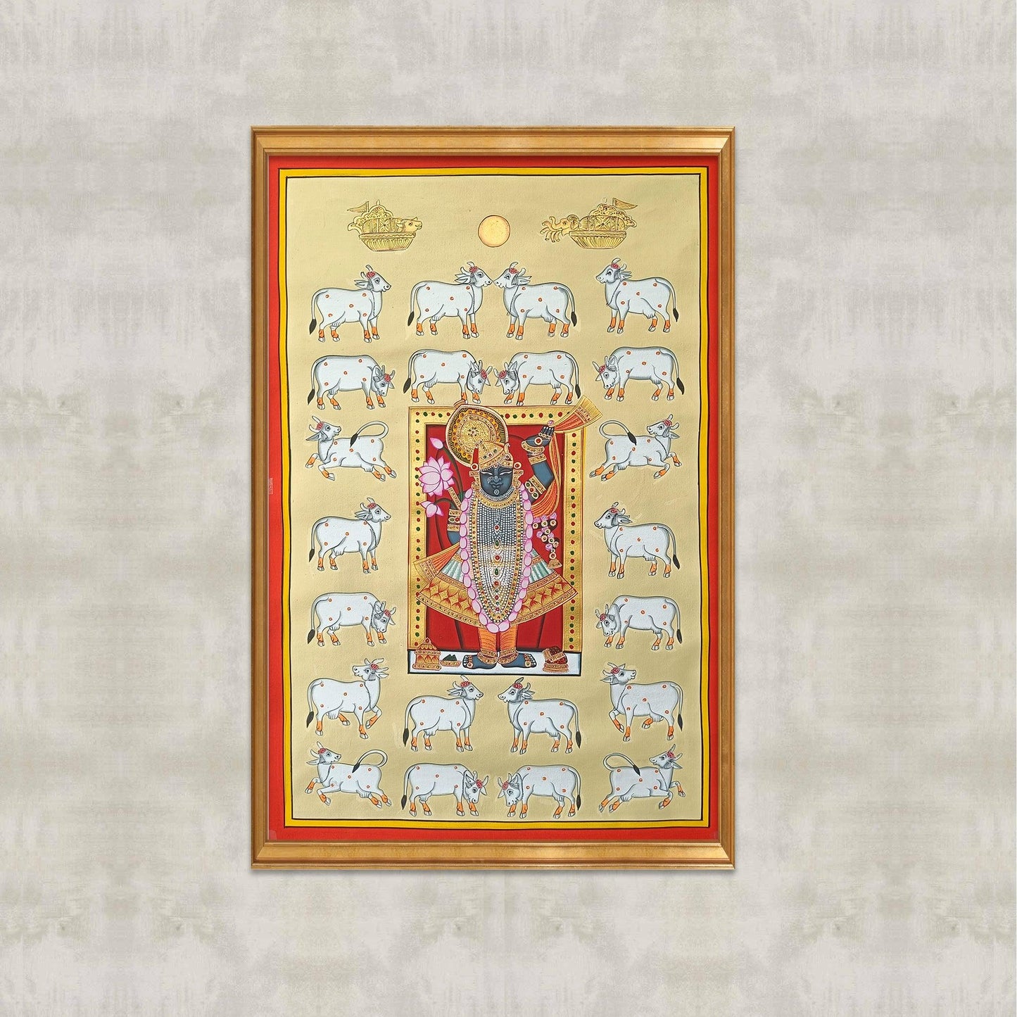 Shrinathji And Cows Pichwai In Pastel Yellow - Artisanal India