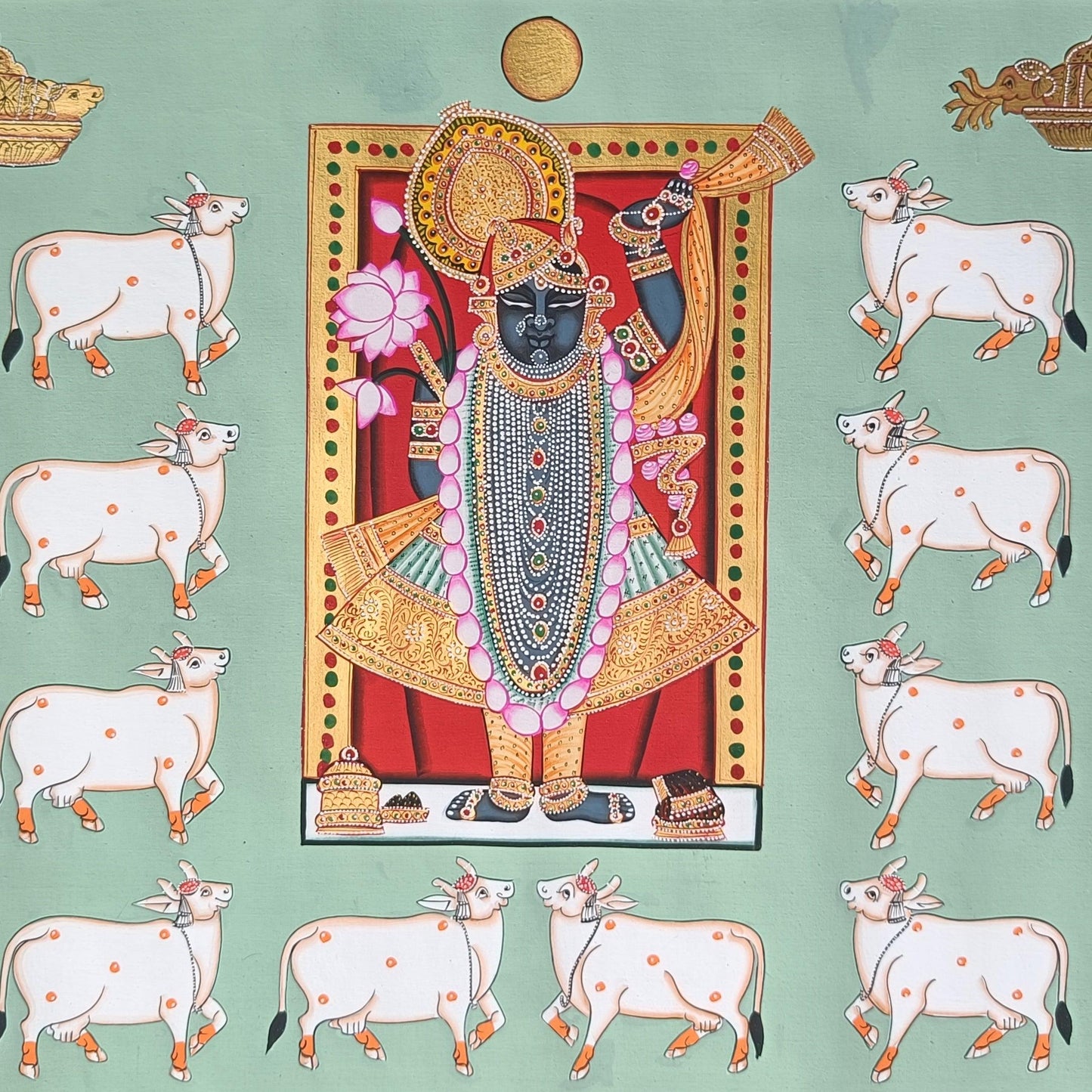 Shrinathji And Cows Pichwai In Pastel Green - Artisanal India