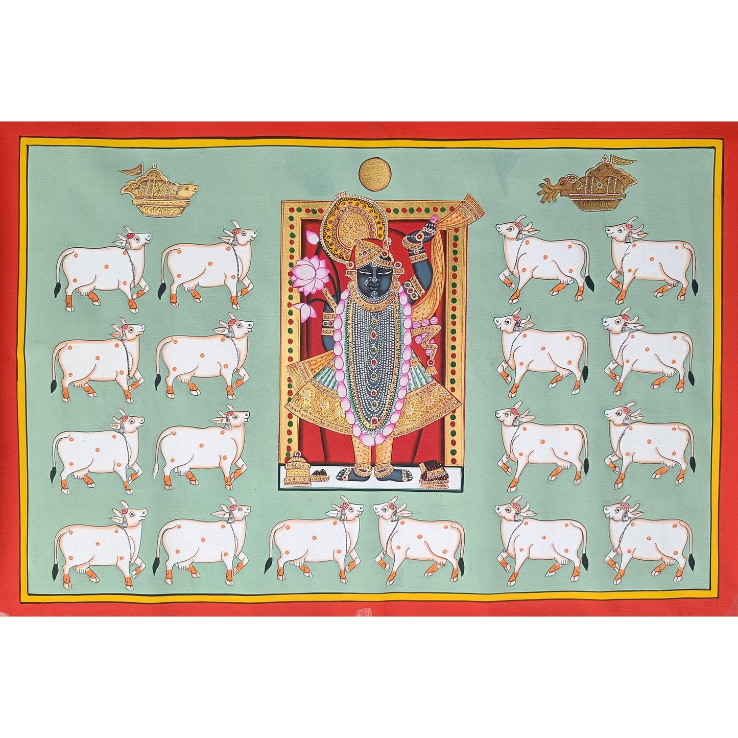 Shrinathji And Cows Pichwai In Pastel Green - Artisanal India
