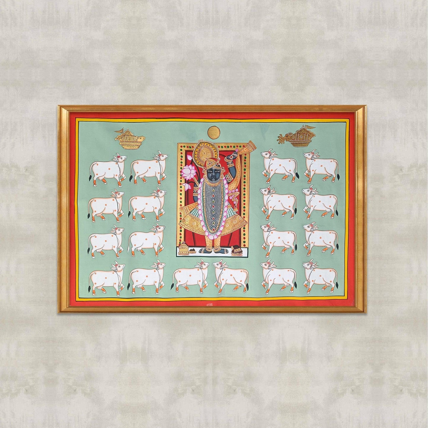 Shrinathji And Cows Pichwai In Pastel Green - Artisanal India
