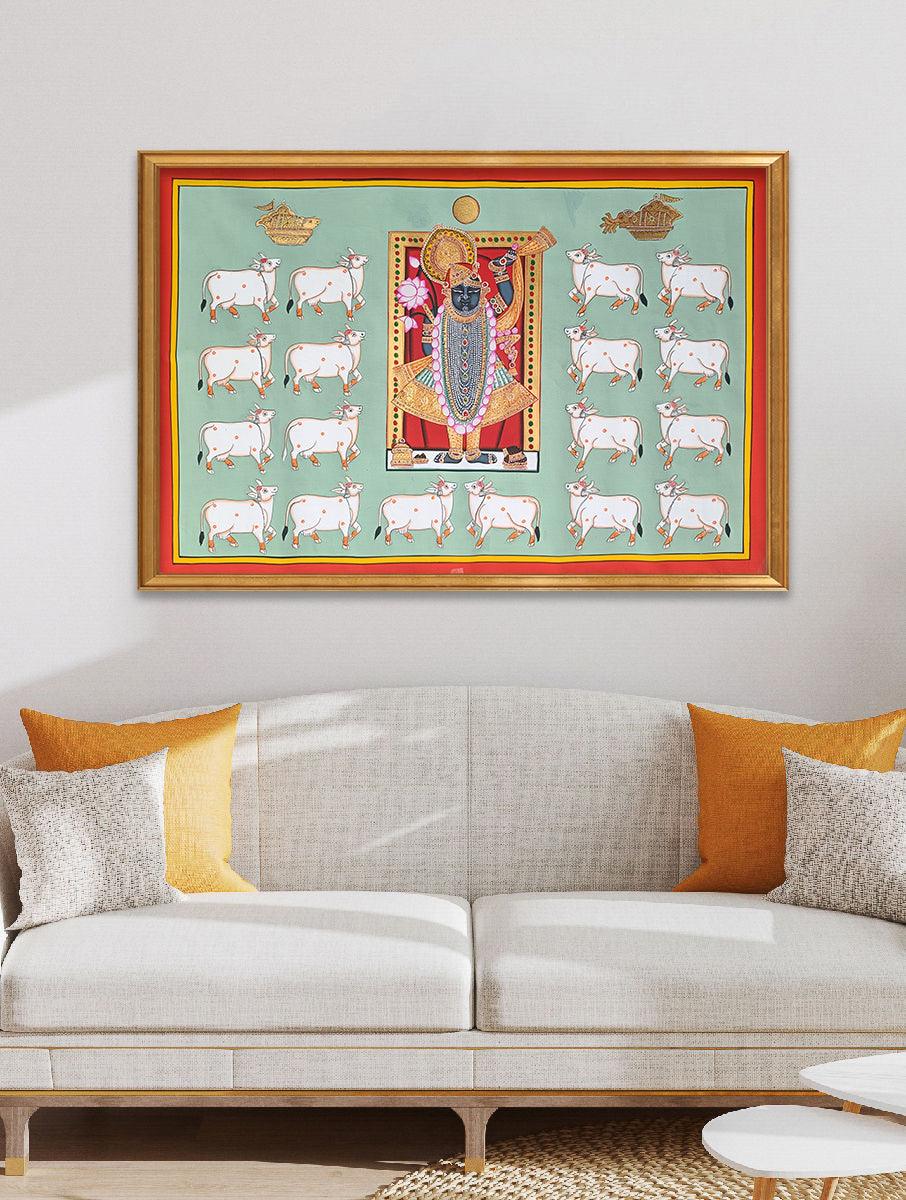 Shrinathji And Cows Pichwai In Pastel Green - Artisanal India