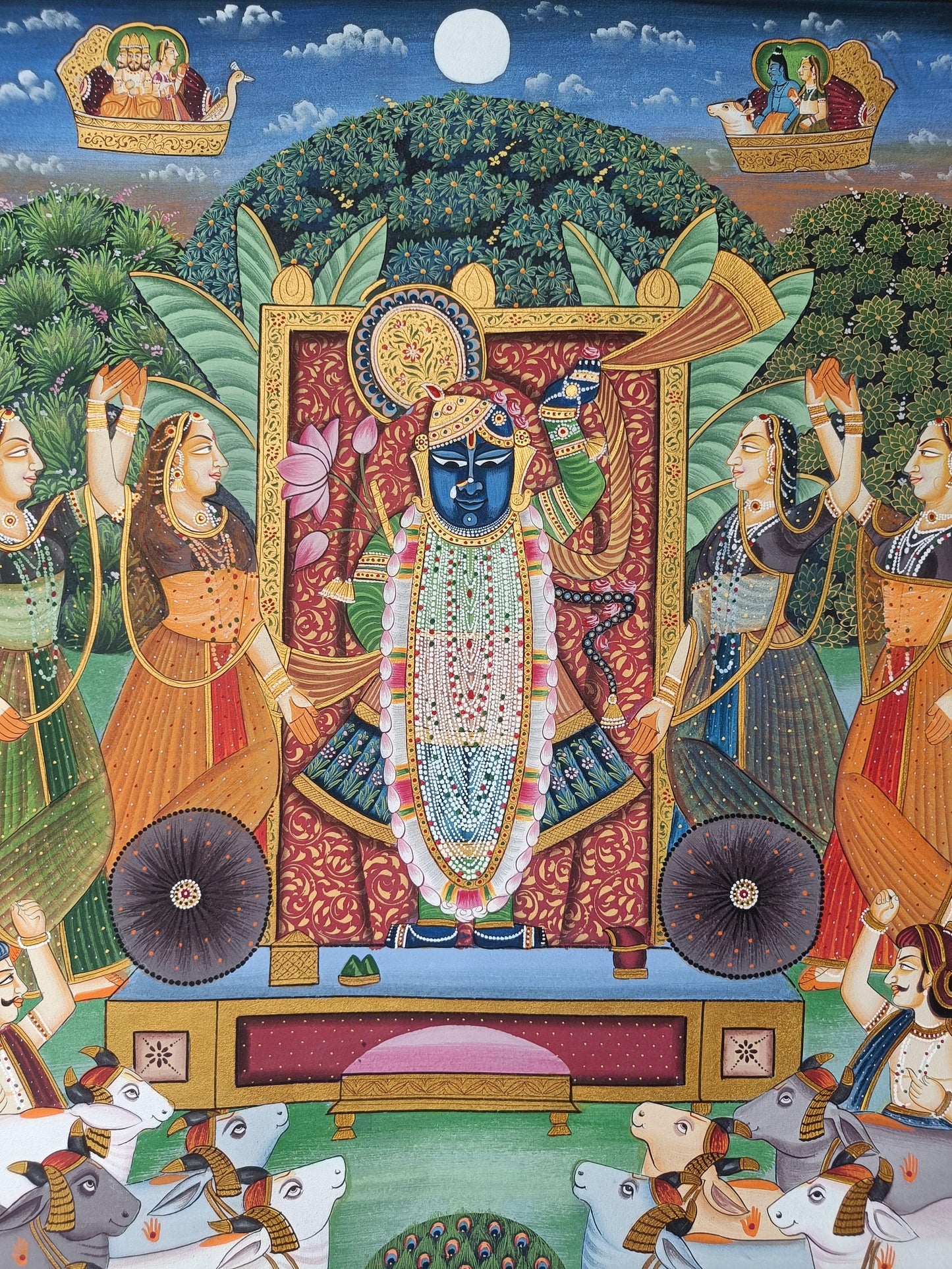 Shrinathji Darshan Pichwai Painting With Peacock Border - Artisanal India