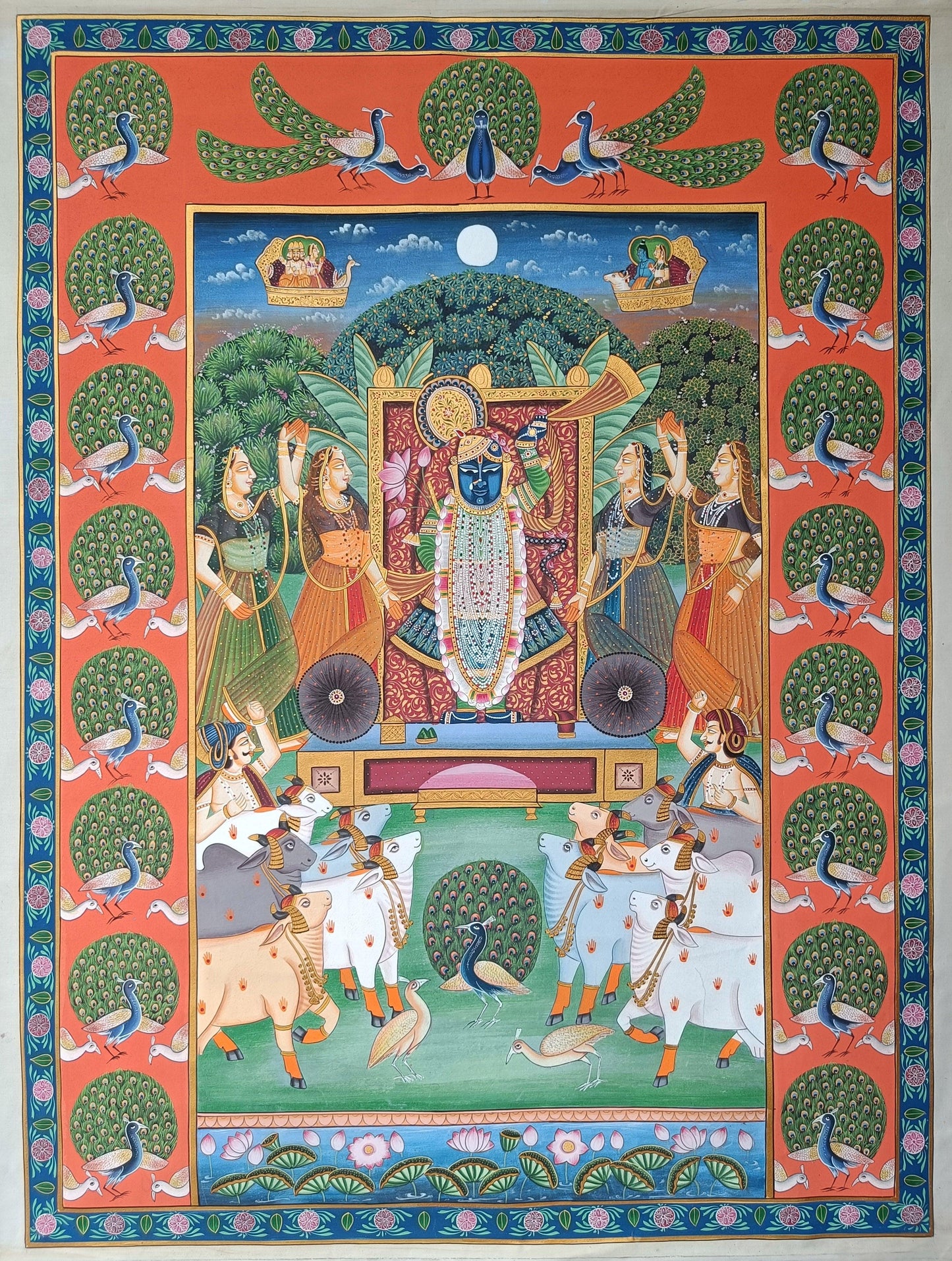 Shrinathji Darshan Pichwai Painting With Peacock Border - Artisanal India