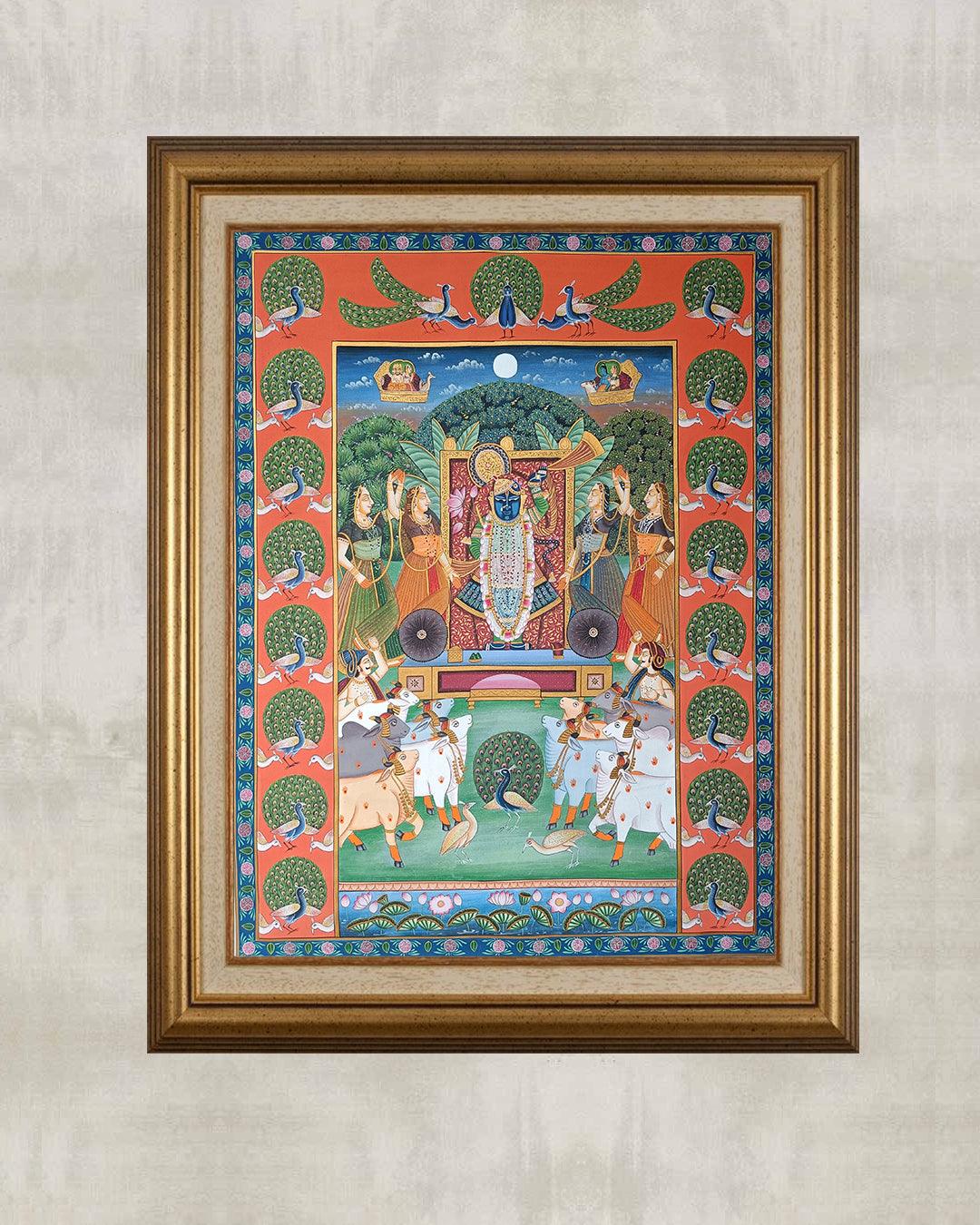 Shrinathji Darshan Pichwai Painting With Peacock Border - Artisanal India