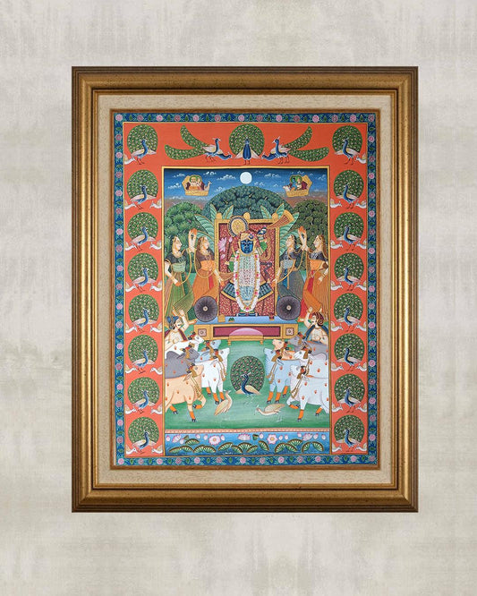 Shrinathji Darshan Pichwai Painting With Peacock Border - Artisanal India