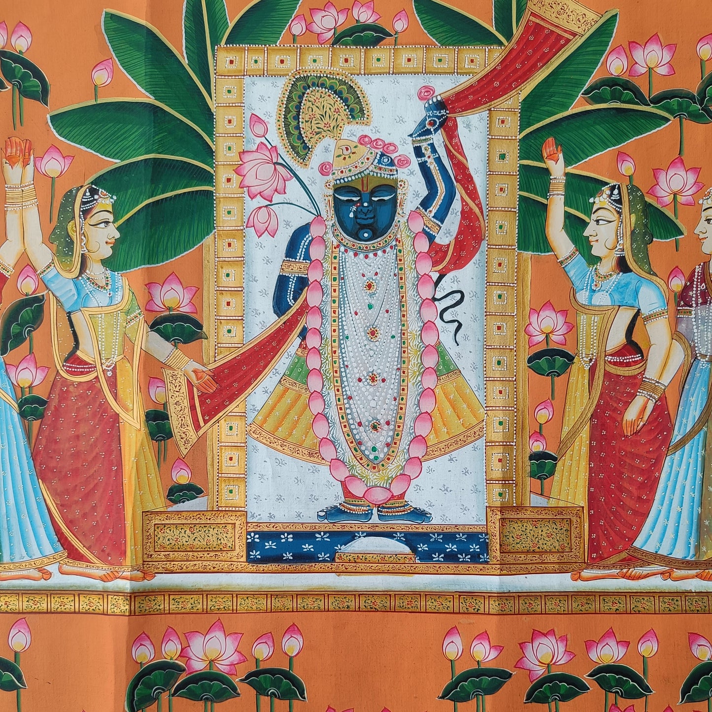 Shrinathji with Gopis Pichwai | Lotus & Orange Background | Hand-Painted