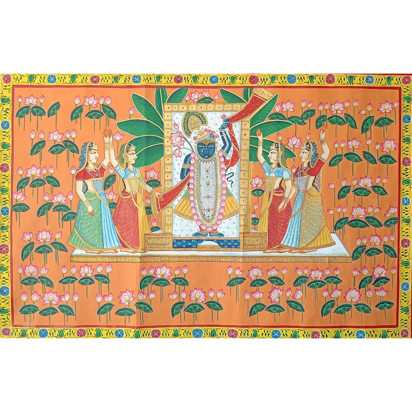 Shrinathji with Gopis Pichwai | Lotus & Orange Background | Hand-Painted