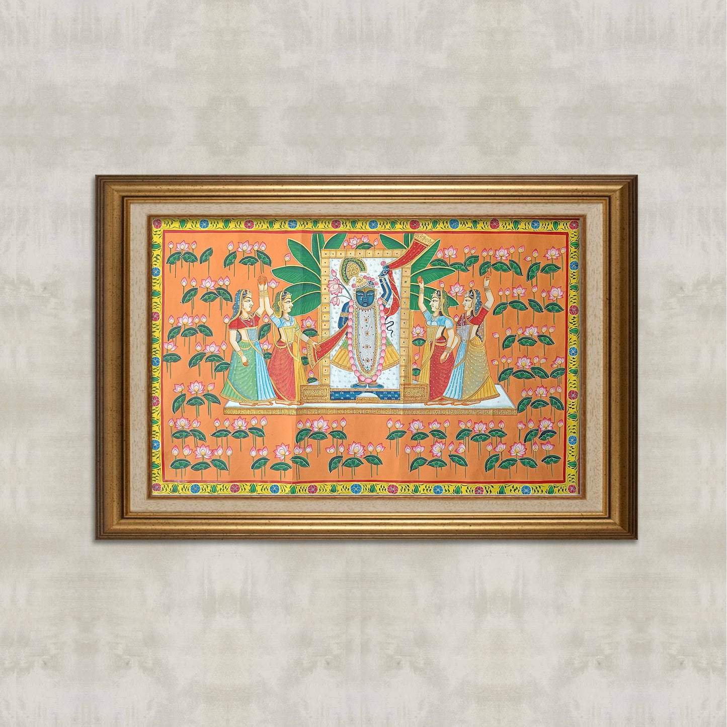 Shrinathji with Gopis Pichwai | Lotus & Orange Background | Hand-Painted
