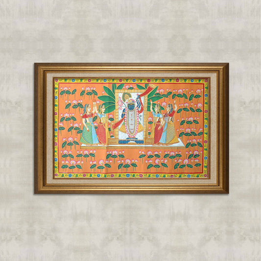 Shrinathji with Gopis Pichwai | Lotus & Orange Background | Hand-Painted
