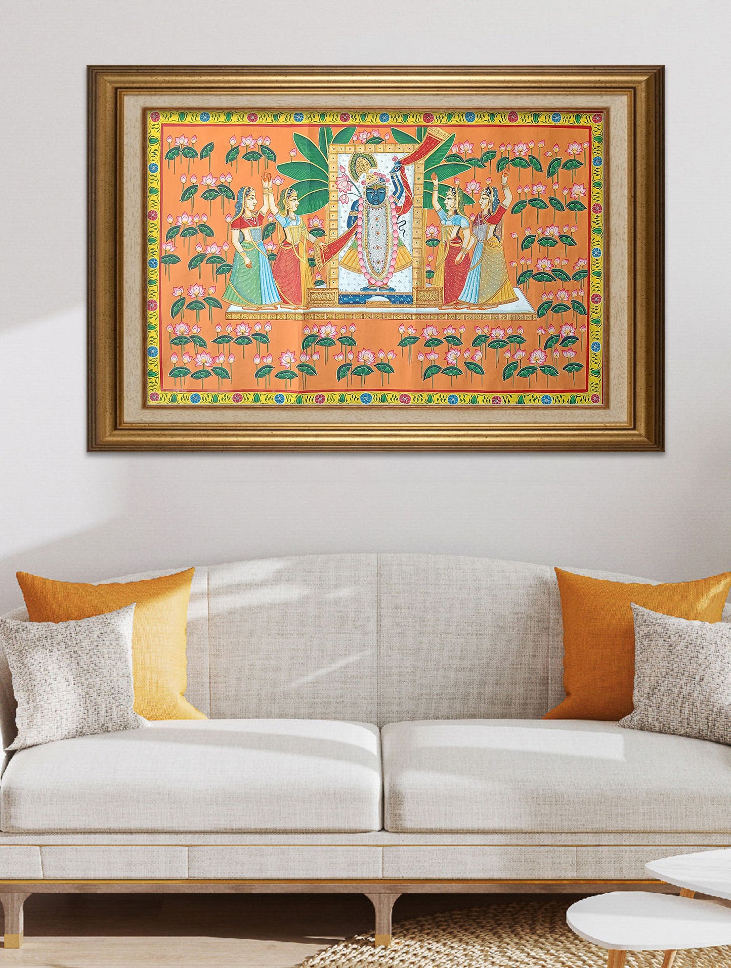 Shrinathji with Gopis Pichwai | Lotus & Orange Background | Hand-Painted