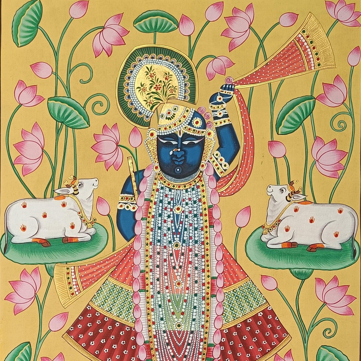 Shrinathji Kamaltalai Pichwai With Cows - Yellow - Artisanal India
