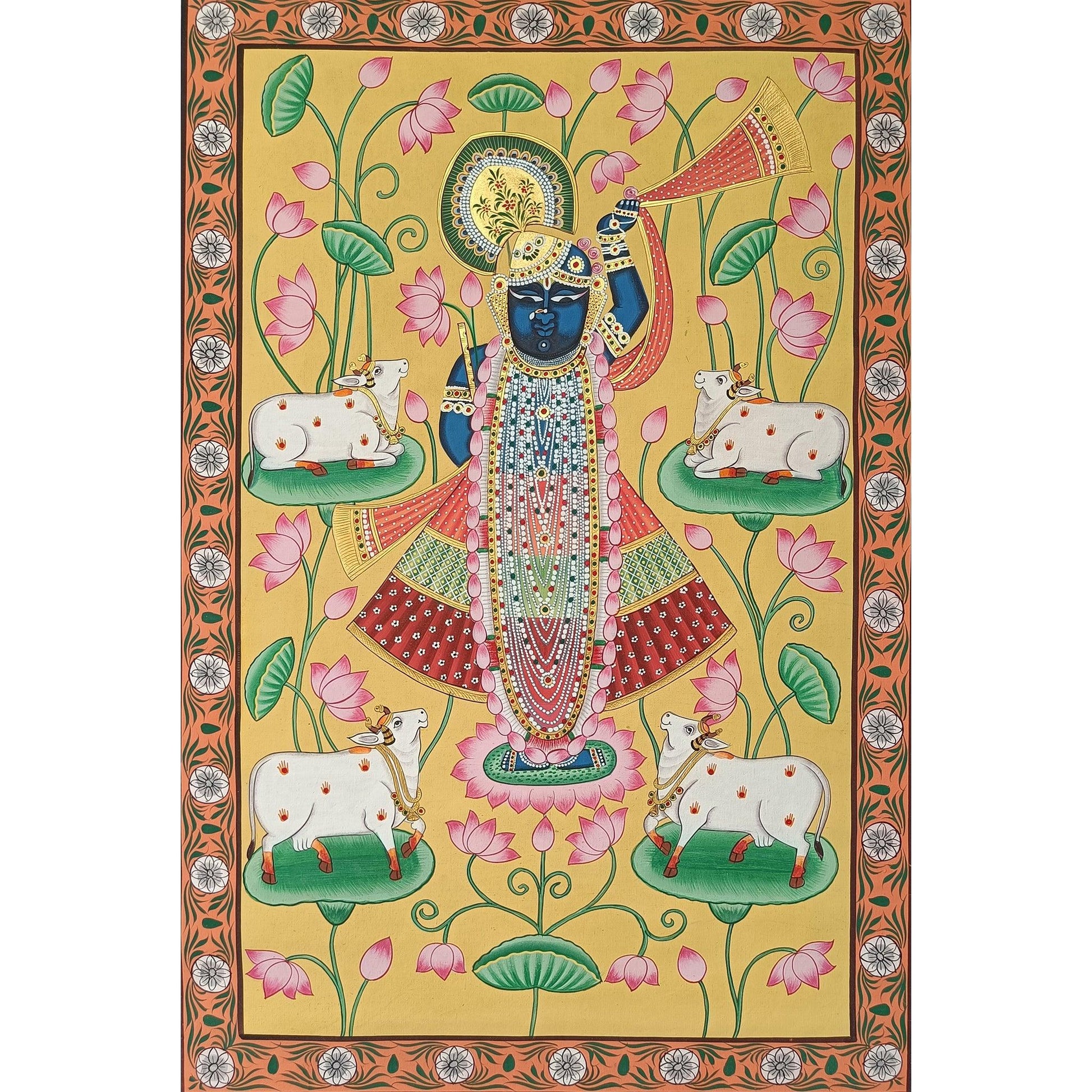 Shrinathji Kamaltalai Pichwai With Cows - Yellow - Artisanal India