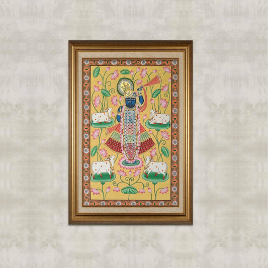 Shrinathji Kamaltalai Pichwai With Cows - Yellow - Artisanal India