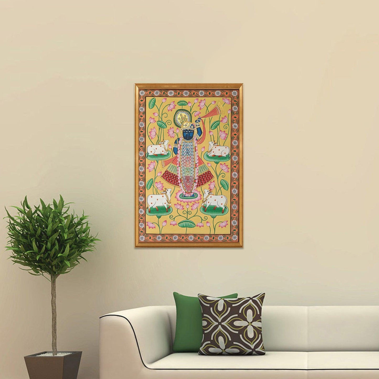 Shrinathji Kamaltalai Pichwai With Cows - Yellow - Artisanal India